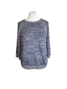Massimo Dutti Navy & White Marled 3/4 Sleeve Split Back Crewneck Sweater Size M - Picture 1 of 10