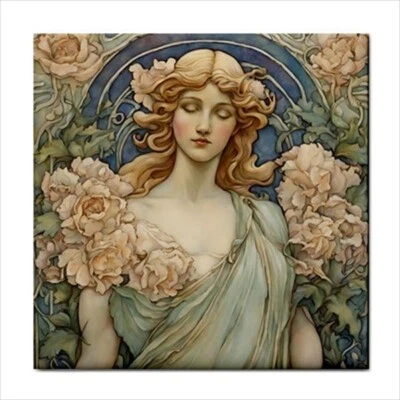 Flower Maiden Ceramic Tile Art Decorative Backsplash Light Pink Green 4.25 in - Image 1 of 2