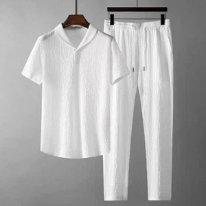 Summer Men's 2pc Cotton Linen Walking Suit Short Sleeve Casual Shirt & Pants Set - Picture 1 of 21