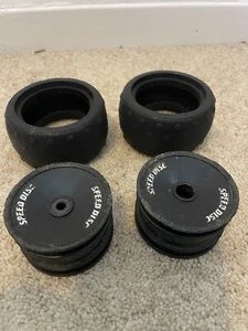 Rc Tamiya Madcap Rear Wheels Tyres Vintage 58082 Parts Spares Hex Hub - Picture 1 of 8