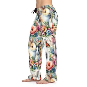Bunny Rabbits Custom Pajama Pants Women's Floral Flowers Easter Bunnies - Picture 1 of 6