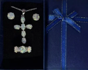 Exquisite White Fire Opal Cross Necklace, Earrings, & Ring Size 7 Set - Picture 1 of 10