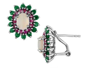 2.80 Carats (ctw) Emerald, Ruby and Opal Earrings In Sterling SIlver - Picture 1 of 1