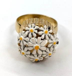 Vintage Cocktailring weiß Emaille Gänseblümchen goldfarben verstellbar Größe 7 - Bild 1 von 5
