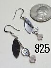 925 Sterling Silver Leaf Shape, Pink Crystal & Open Circle Dangle Chain Earrings
