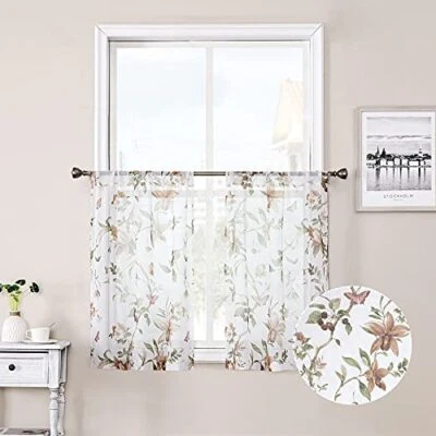  Cortinas Florales Cortas de Nivel Transparente Taupe Flor de Cerezo Estampado de Mariposa Medio  Foto 1 de 4