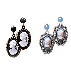 Earrings Black or Blue and white Cameo vintage style, clip on or pierced - Bild 1 von 5