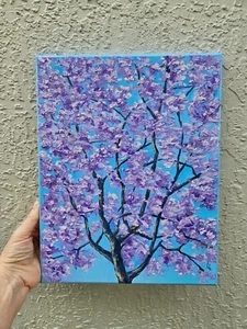 Original Impasto Oil Painting on Canvas Blue Jacaranda Tree Blossom Wall Art - Picture 1 of 13