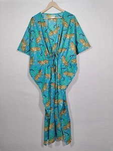 Women Cotton Turquoise Summer Sleepwear Beach Cover Monkey Printed Caftan Dress - Picture 1 of 3