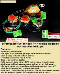 Stratocaster Solderless HHH Wiring Upgrade for Stacked Pickups+Tone for all pups - Picture 1 of 9