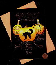 Halloween Black Cat Kitten Pumpkins Cake Stands - GOLD SHINE - Greeting Card NEW