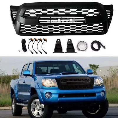 Parachoques delantero rejilla de malla superior para Toyota Tacoma 2005-2011 negro mate con LED Foto 1 de 4
