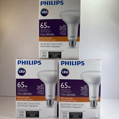 3 Pk✨Philips LED Dimmable 7.2W LED✨65W Soft White✨650 Bright Bulb✨BR30 457044 - Image 1 of 2