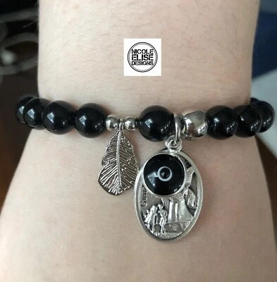 Black Agate Bracelet 8mm Guardian Angel With Feather And Black Evil Eye - image 1 of 4