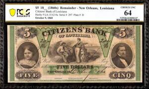 1860 $5 BILL CITIZEN'S BANK OF LOUISIANA NOTE LARGE CURRENCY PAPER MONEY PCGS 64