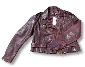 Giacca da moto Ralph Lauren in pelle brunita con cintura taglia 10P nuova con etichette prezzo al dettaglio consigliato dal produttore $525 - Foto 1 di 21