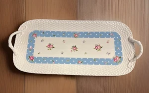 Nantucket Home Blue Polka Dot Rose Floral Wicker Embossed Handled Tray 14 5/8” - Picture 1 of 5