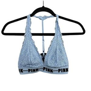 Pink Victoria's Secret Bralette Size XS Blue Lace T Back Halter Padded Logo - Picture 1 of 11