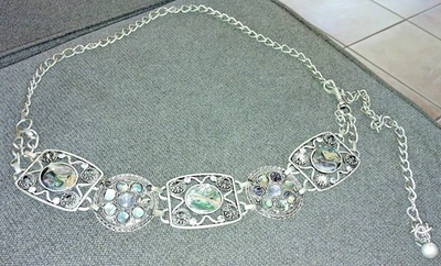 Cinturón Chico’s Abulone Shell estrás tono plata metal eslabón de cadena 45” extremo a extremo Foto 1 de 4