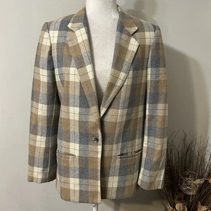 Vintage Prato Damen Wolle kariert hellbraun beige Tweed Knopfleiste Blazer Jacke gefüttert Gr. 10 - Bild 1 von 8