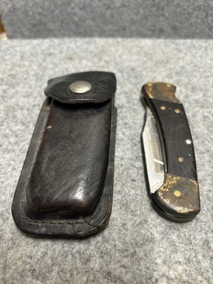 Vintage Buck #112 Folding Lockback Knife with Wood Handle & Sheath - Image 1 of 4