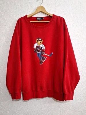 Sudadera de hockey vintage Ralph Lauren Polo Bear roja 2XL cuello redondo rara *Leer Foto 1 de 4