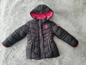 NEW U.S. Polo Assn Black Pink Puffer Jacket Ski Coat Quilted Big Pony 4T Girls - Picture 1 of 14