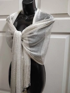 Mantón para mujer blanco roto metálico fino tejido ganchillo red flecos 37x80 de colección - Imagen 1 de 19