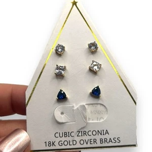 NEW Set of 3 Stud Earrings Cubic Zirconia clear blue 18K Gold over brass - Picture 1 of 6