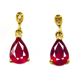 STERLING 925 SILVER  EARRING BLOOD RED RUBY GENSTONE PEAR  SHAPE 8x6 MM. - Picture 1 of 10