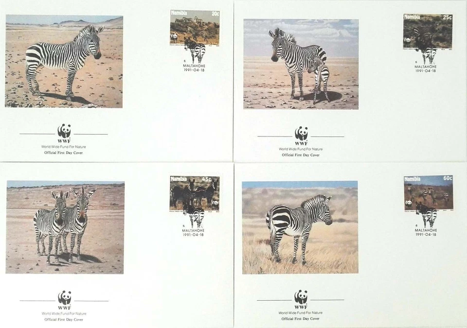 NAMIBIA WWF ANIMAL MOUNTAIN ZEBRA full set on 4 FDC's 1991 #694-7 Mi 702-6 - Image 1 of 1