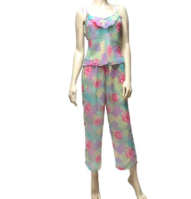 Conjunto de Pijama Transparente Josie Natori Floral Boho Capri Pantalones Volantes Cami Top S Foto 1 de 4