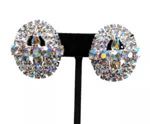 Smokey Aurora Borealis Crystal AB Rhinestone Oval Pave Glam Clip On Earrings - Picture 1 of 14