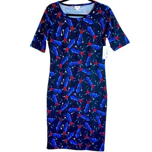 Vestido LuLaRoe Americana Rockets Fireworks Julia ajustado 4 de julio rojo azul nuevo - Imagen 1 de 10
