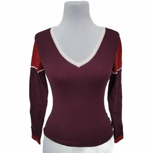 RVCA Womens M Maroon Red White Color Block Long Sleeve Vneck Pullover Sweater - Picture 1 of 8