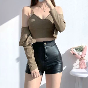 Damen Mini Hose High Waist Shorts PU Einfarbig Strumpfhose Stretchig Freizeit Höschen 8091 - Bild 1 von 12
