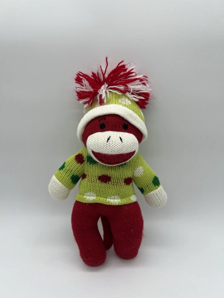 Dan Dee Sock Monkey Red Green Sweater Knit Hat Dots Stuffed Plush Toy 10" No Tag - Image 1 of 4