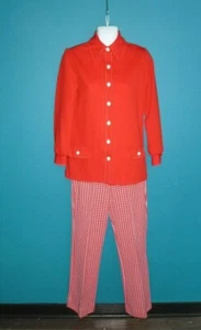 Vtg 70s NPC Fashions Polyester Shirt Jacket & Pants Set Red White Houndstooth Sz - Picture 1 of 9