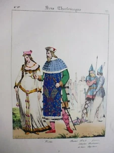 Gravure 19° histoire Mode:costumes sous Charlemagne:nobles,pénitant,Colomban - Picture 1 of 5
