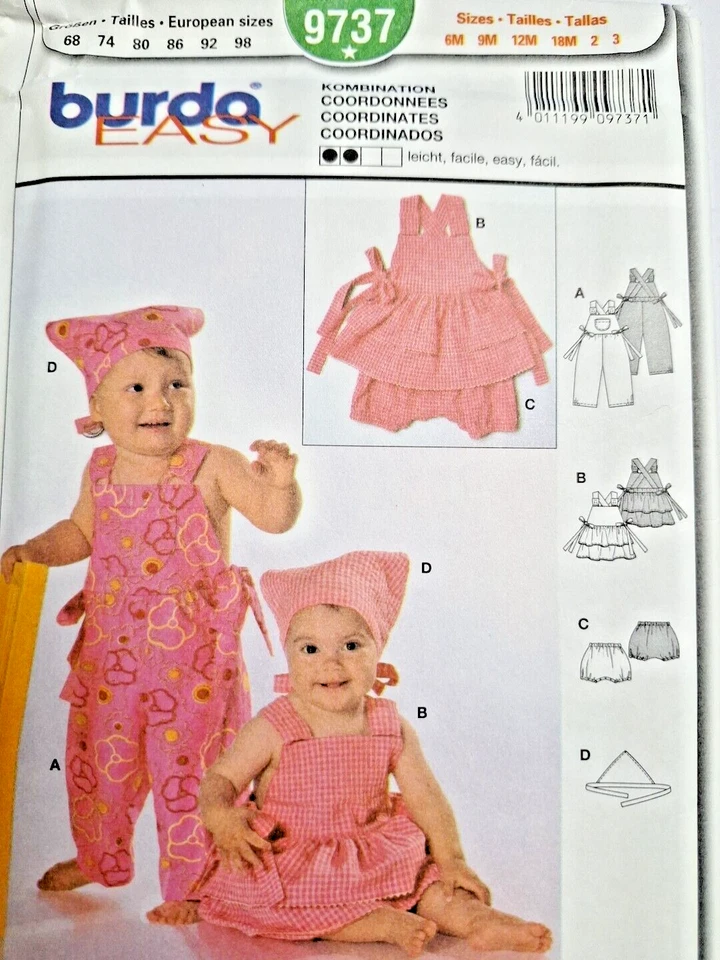 Dress Bloomers Bibs Overalls Girls 3M 6M 9M 12M 18M Burda 9737 Sewing Pattern - Image 1 of 4