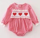 Boutique Valentine&#39;s Day Smocked Heart Baby Girls Red Bubble Romper Jumpsuit