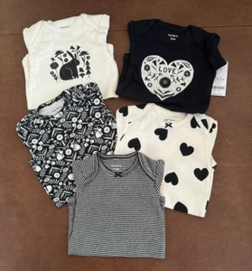 Carter's Girls Black and White Bodysuits, 5-Pack, Hearts, Bunny, 12 months - Picture 1 of 6