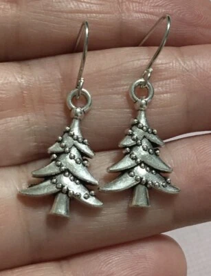 Christmas Tree Silver Charm Dangle Earrings Stainless Steel Hooks!￼ - Image 1 of 4