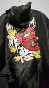 Japanese Oni Demon Hooded Windbreaker Jacket Mens XL Black Zip Up Graphic Print - Picture 1 of 7