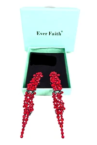 EVER FAITH Red Rhinestone Crystal Dangling Earrings Art Deco Statement Box NWT - Picture 1 of 2