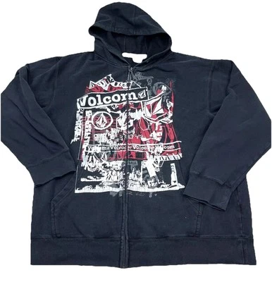Vintage Volcom Hoodie Men XXL 2XL Black Full Zip Jacket Y2K Skater Cyber Punk - Image 1 of 4