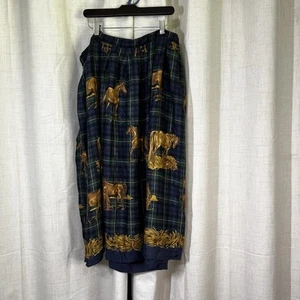 Vintage Susan Bristol Navy Green Plaid Horse Print Equestrian Pleated Long Skirt - Picture 1 of 16
