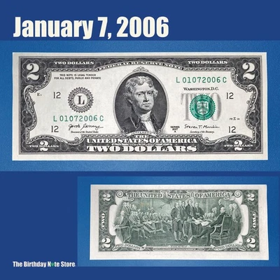 January 7, 2006 Birthday Anniversary $2 Two Dollar Bill Serial Number 01072006 - Image 1 of 2