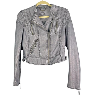 Chaqueta de motociclista JOUJOU de cuero vegano gris azul cremallera asimétrica para mujer XS Foto 1 de 4