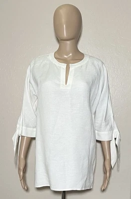 Brooks Brothers женщин средний белый льняная рубашка верхний V шеи повседневный 3/4 галстук рукав - Изображение 1 из 4